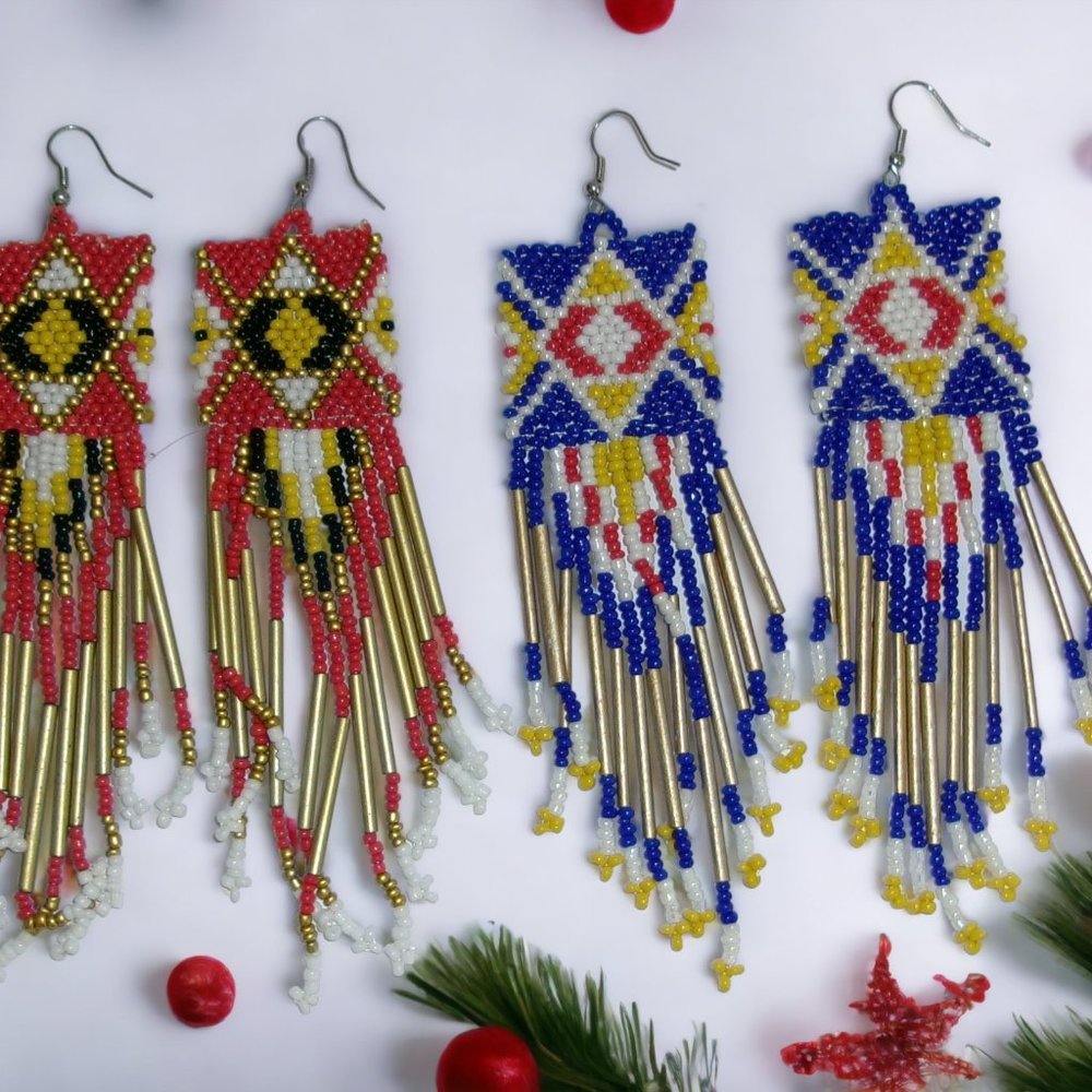 2 Pair Vintage Native American WesternGlass Seed Beed Fringe Earrings Lot of two